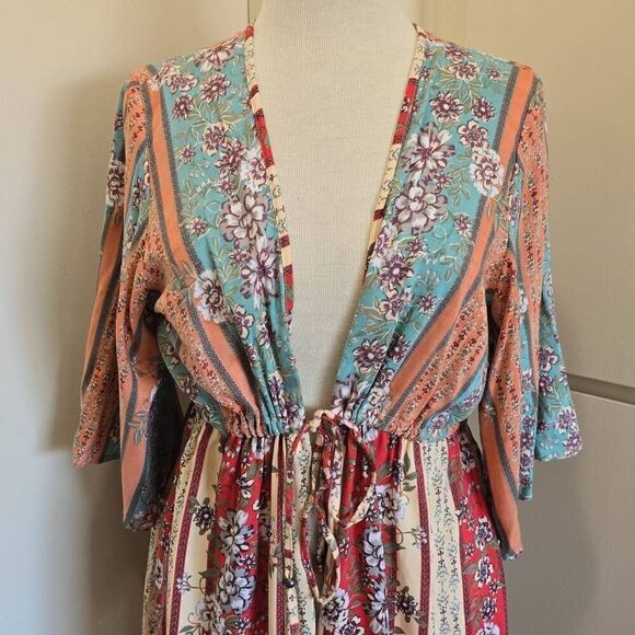 ANGIE Boho Tie Front Duster, Floral Soft Colors of  Teal, Peach and Ivory, Sz.L - Picture 2 of 6